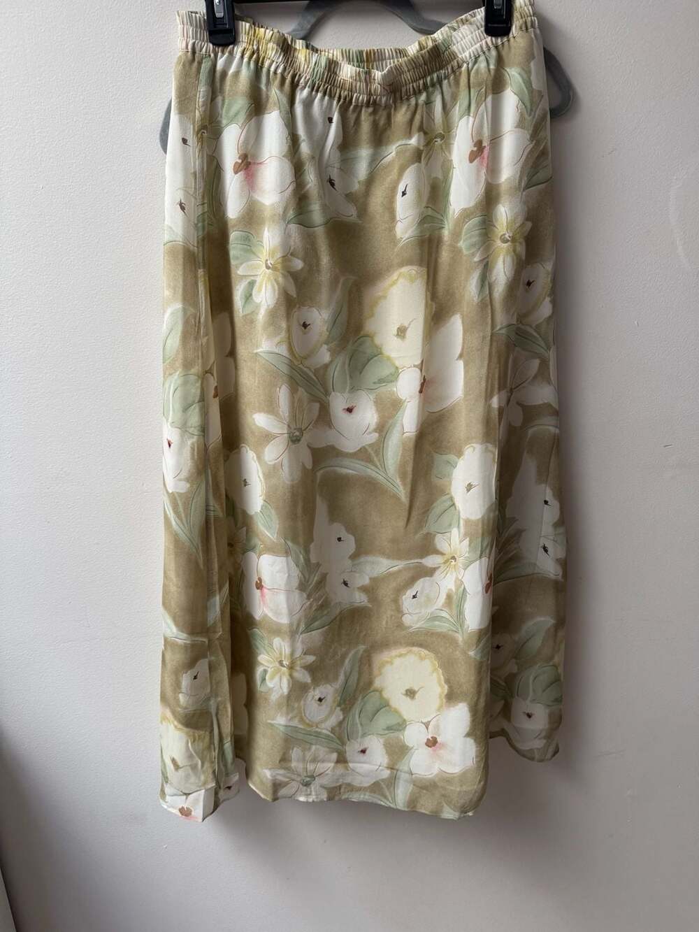 Jessica Holbrook Vintage 100% Silk Floral Maxi Skirt Olive Green Size Large